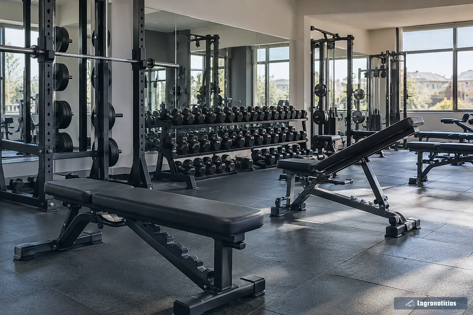 Sala de gimnasio con bancos de pesas y mancuernas ordenadas junto a un ventanal