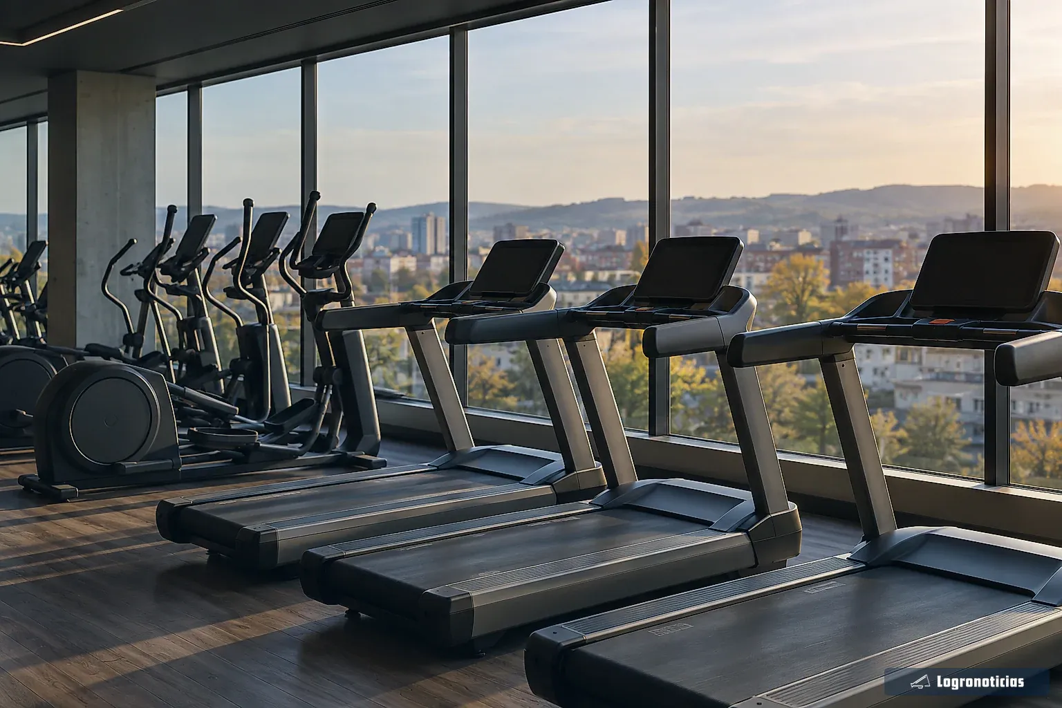 Cinta de correr y elíptica junto a una ventana en un gimnasio vacío