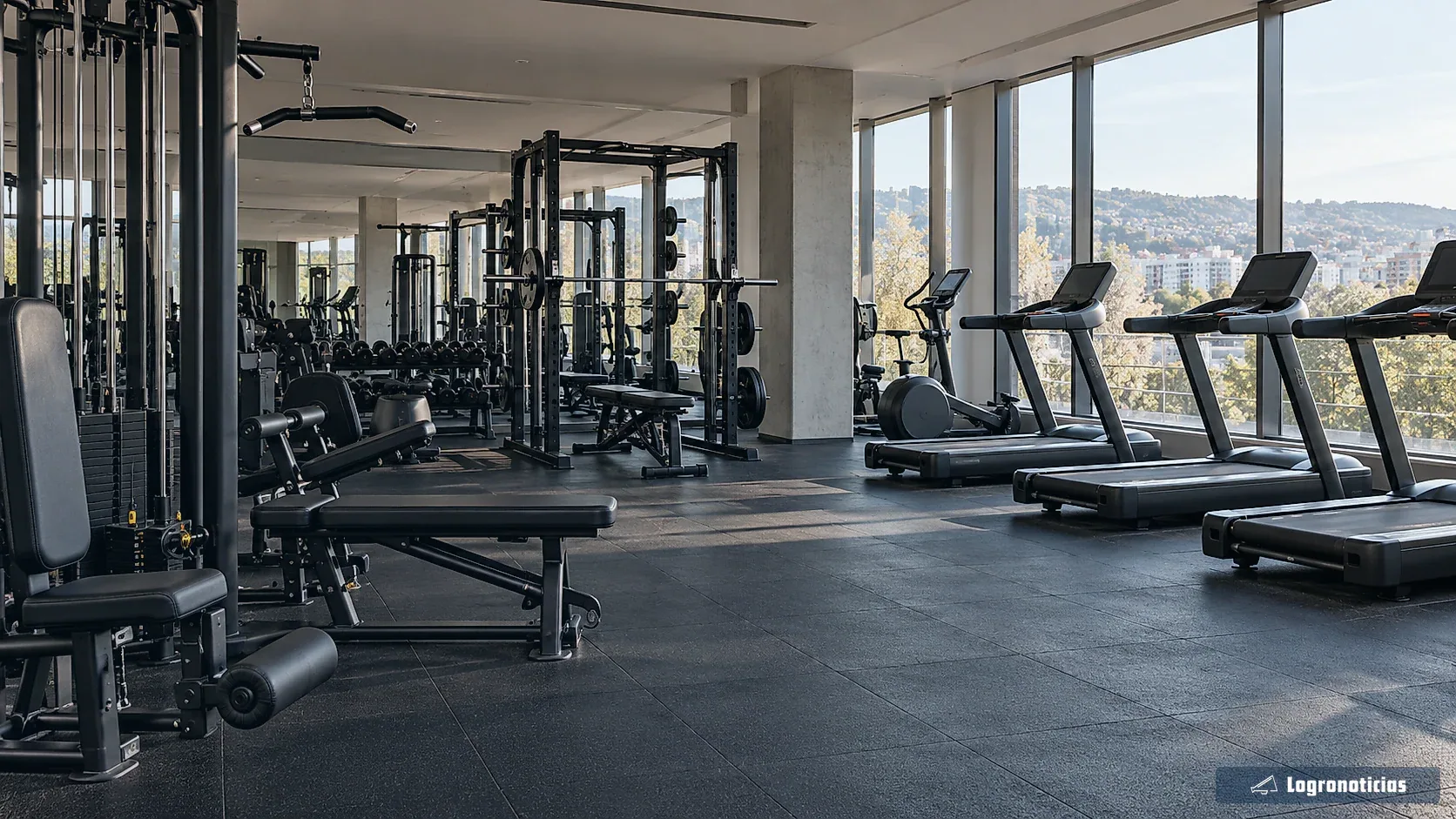 Gimnasio vacío con máquinas y cintas junto a ventanales