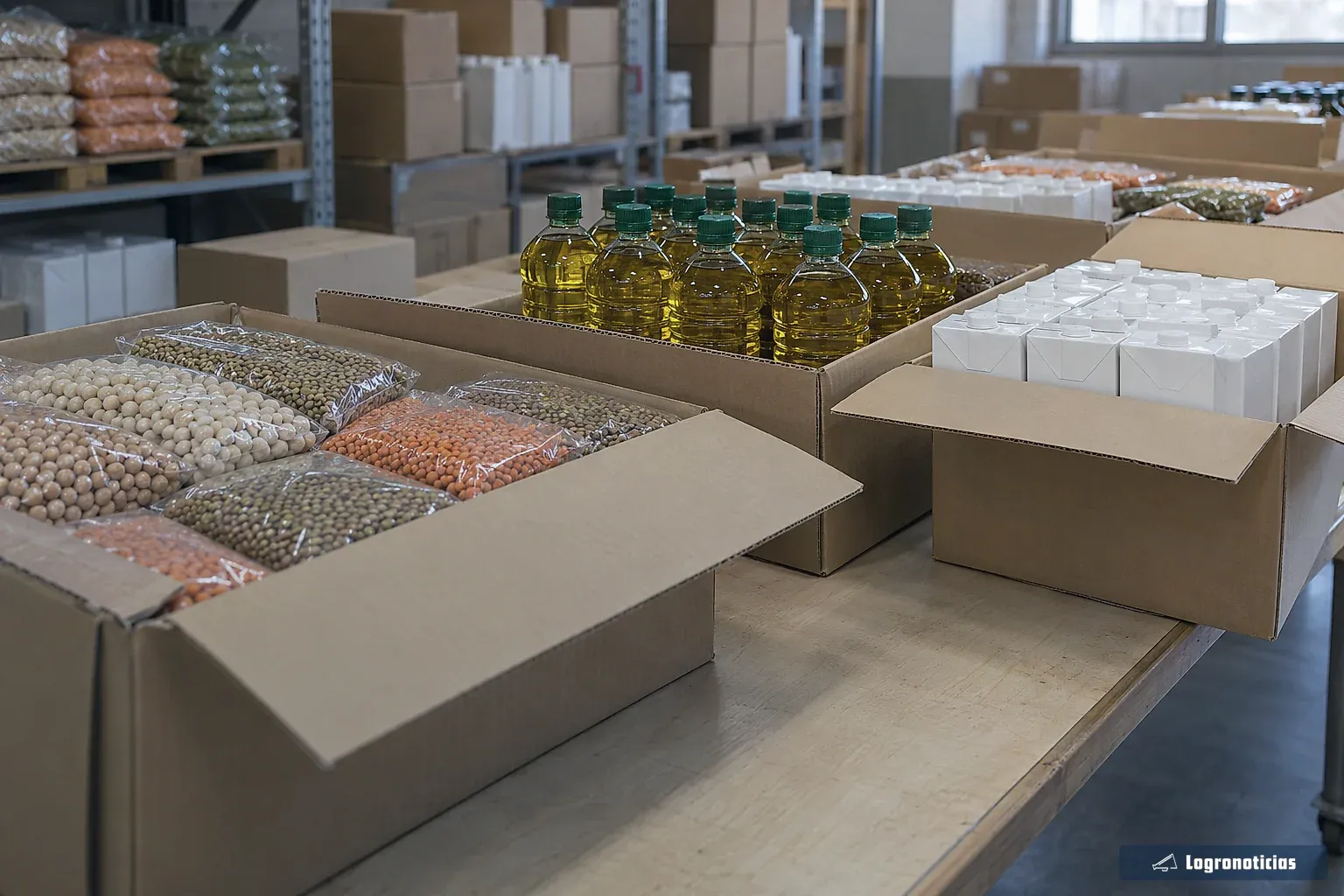 Cajas con alimentos no perecederos en un almacén