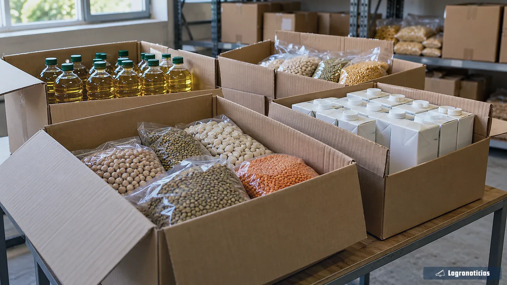 Cajas abiertas con legumbres, aceite y leche en un almacén