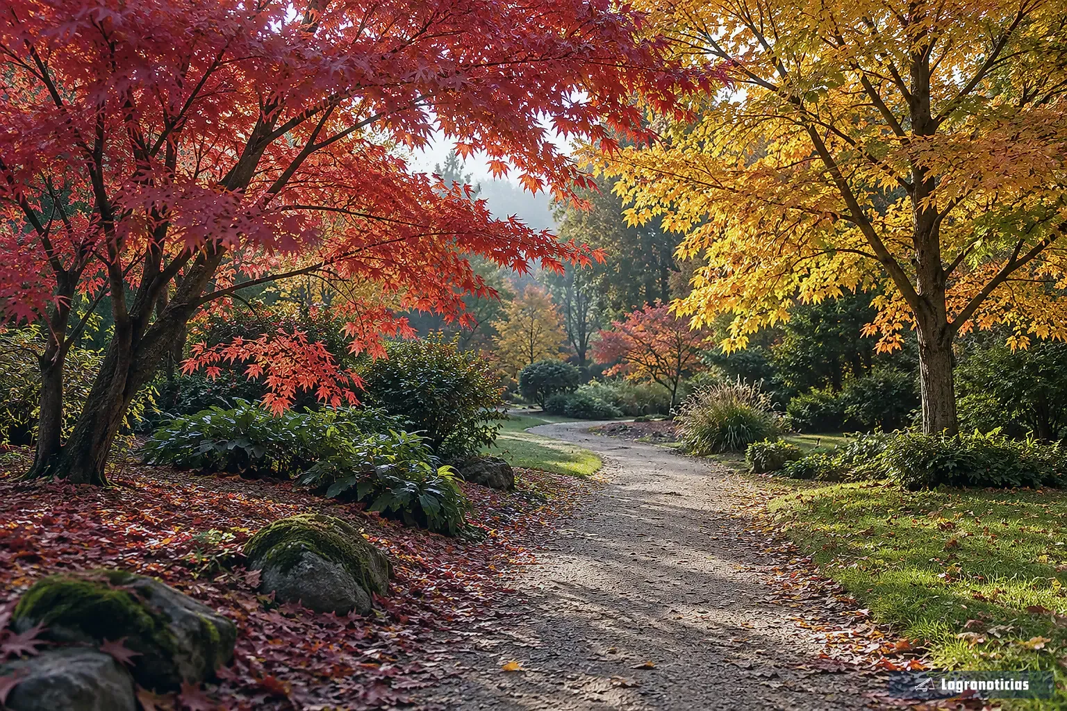 Sendero de un jardín botánico con arces de hojas rojas y amarillas en otoño