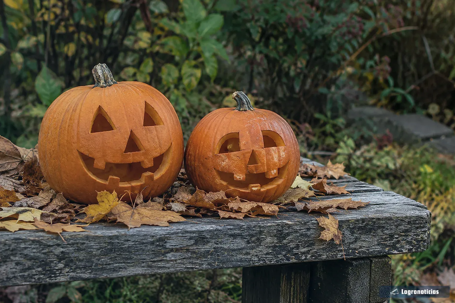 Calabazas decoradas entre hojas secas sobre un banco de madera