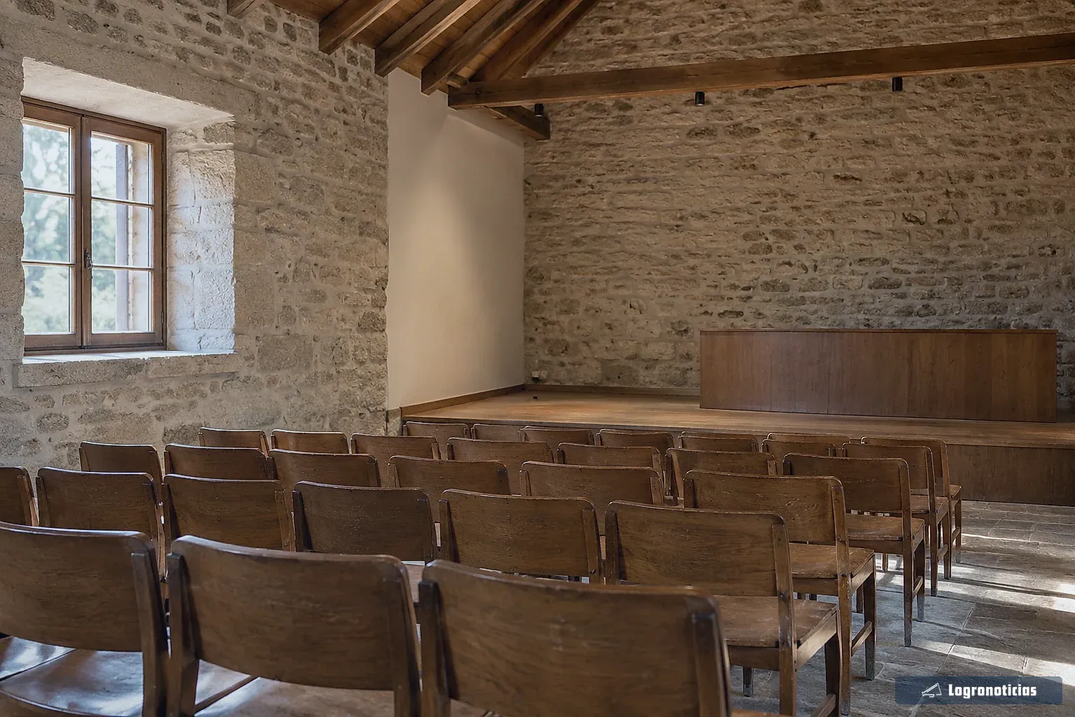 Auditorio pequeño vacío con sillas de madera y paredes de piedra
