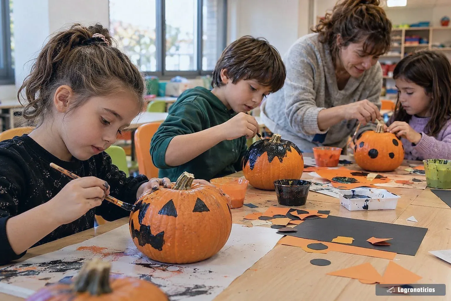 Niños pintando calabazas con una monitora en un taller infantil