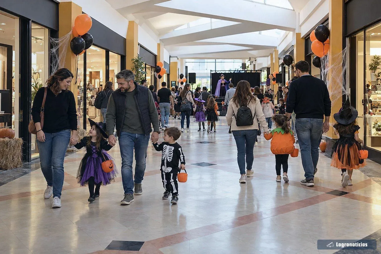 Familias con niños disfrazados en la galería de un centro comercial decorada para Halloween