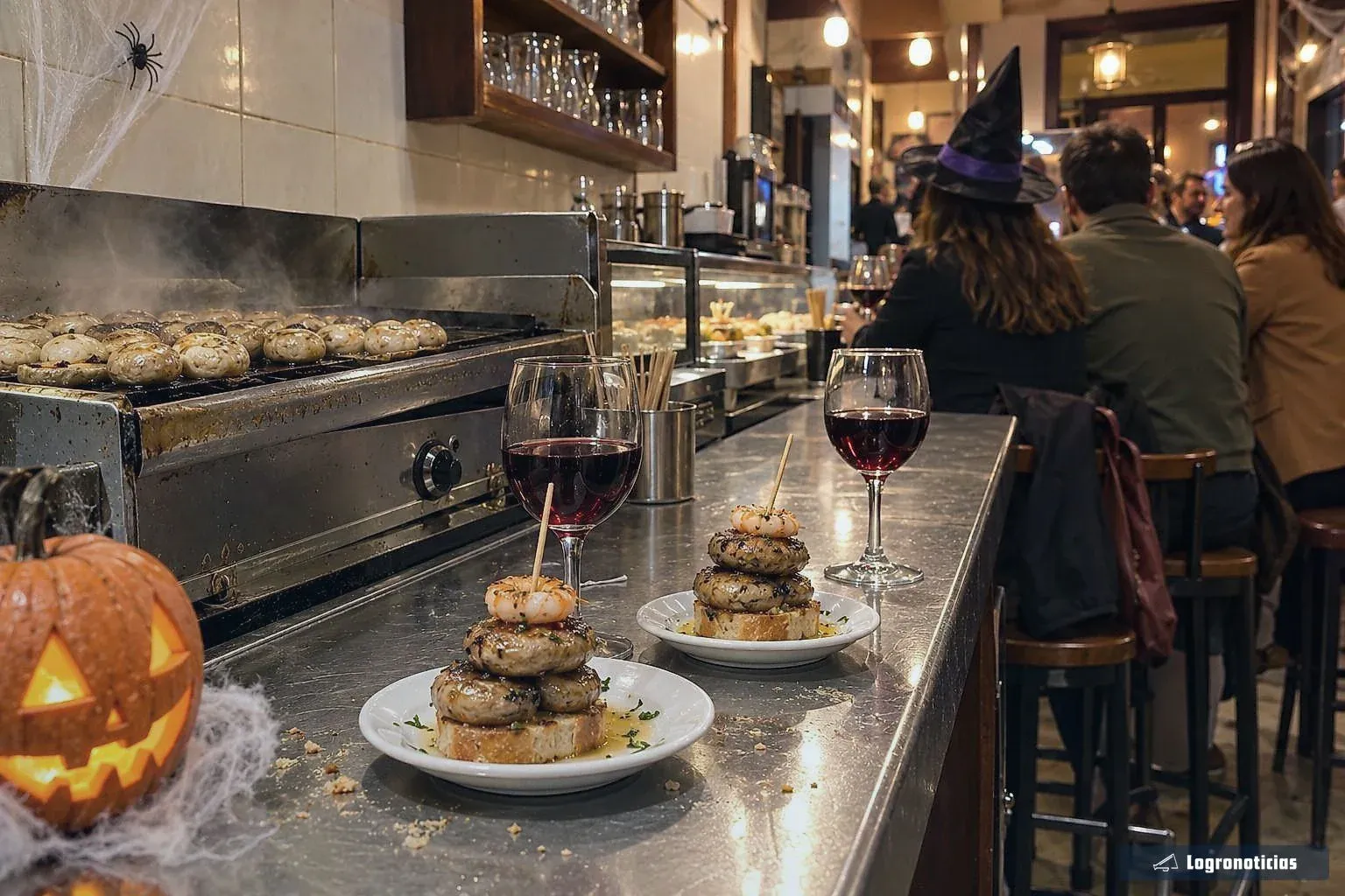Pinchos de champiñón y copas de vino en una barra decorada con una calabaza iluminada