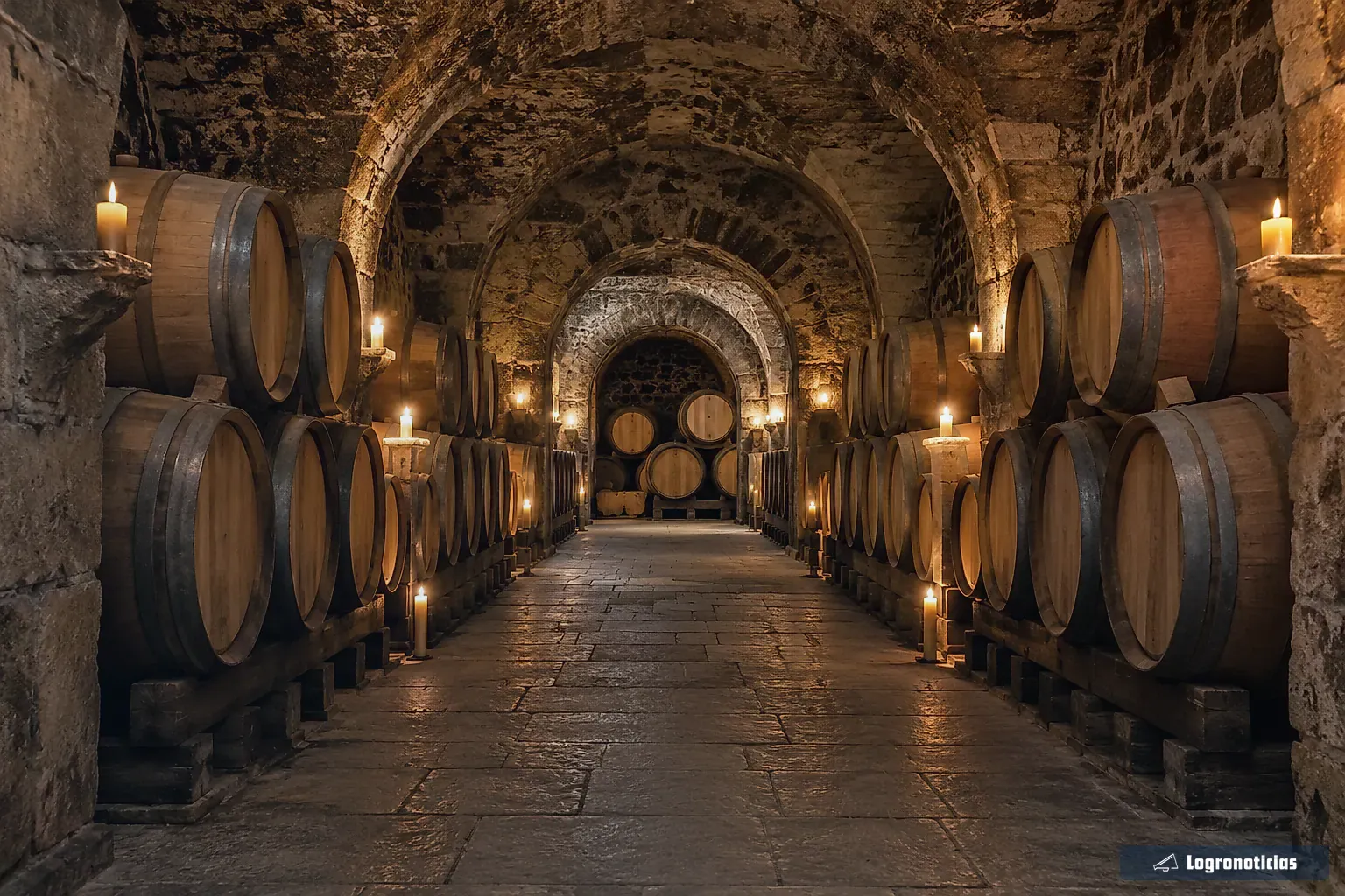 Pasillo de bodega subterránea con barricas apiladas a ambos lados