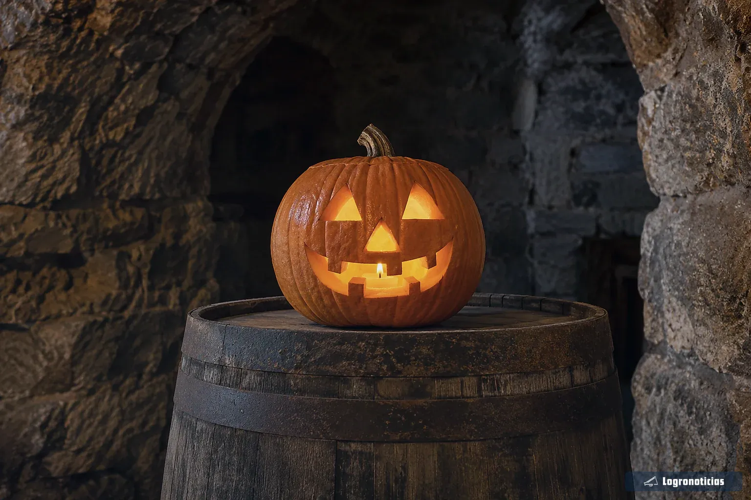 Calabaza tallada con una vela encendida sobre una barrica