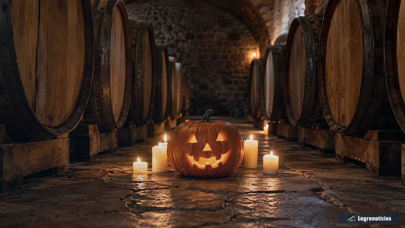 Interior de bodega con decoración otoñal y luz tenue