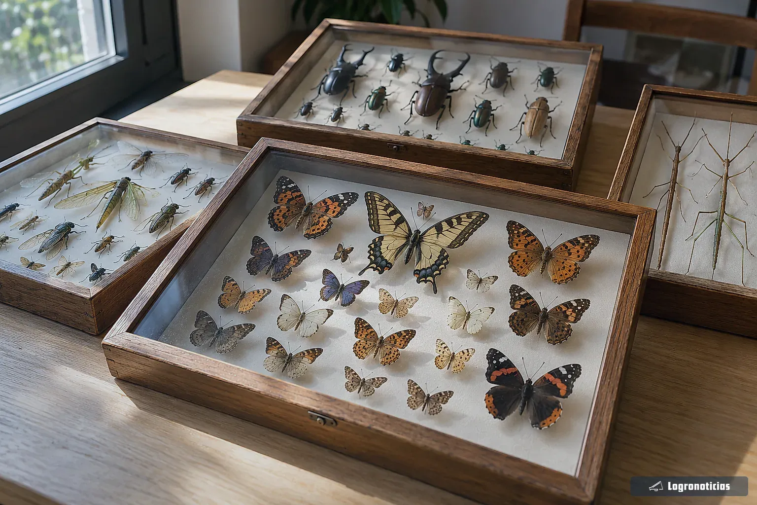 Ejemplares de insectos y mariposas colocados en cajas de madera con cristal sobre una mesa