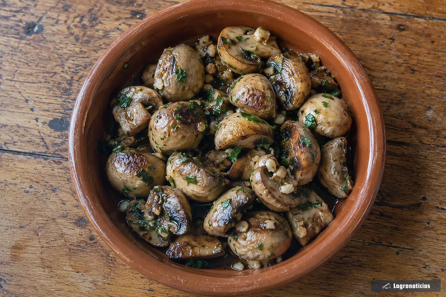 Champiñones a la plancha en un plato de barro