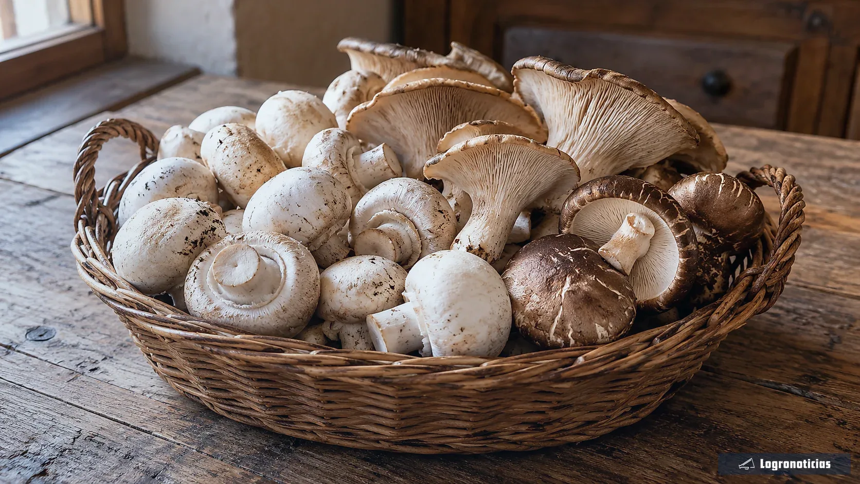 Cesta de champiñones blancos y setas sobre una mesa de madera