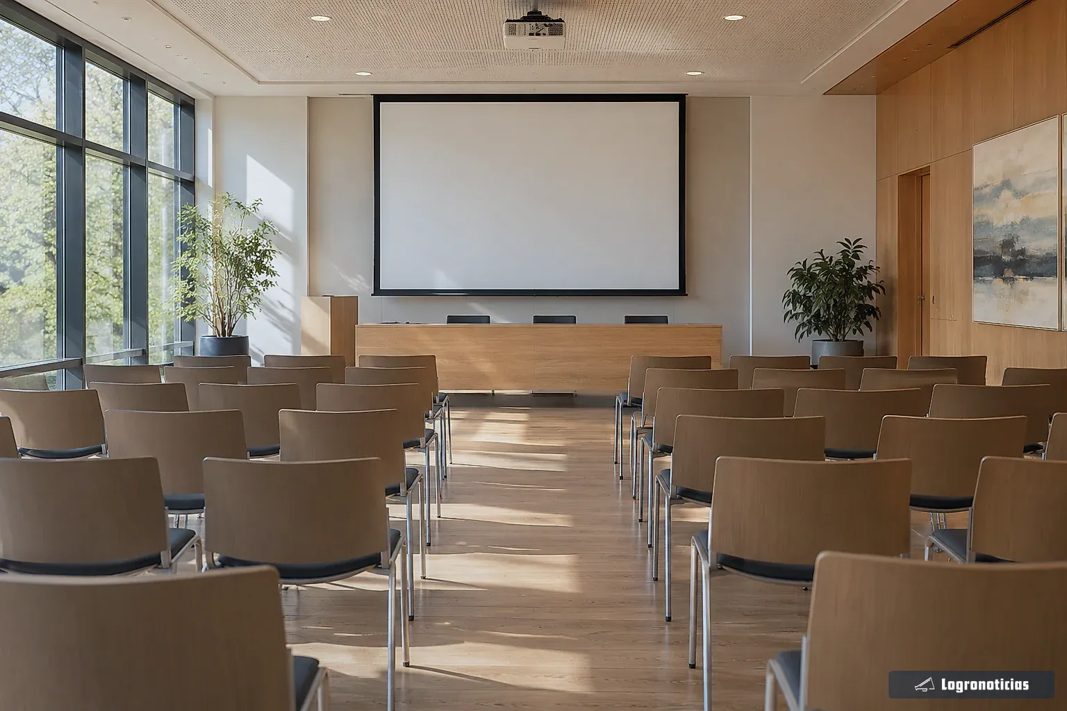 Sala de conferencias con sillas vacías y una pantalla al fondo