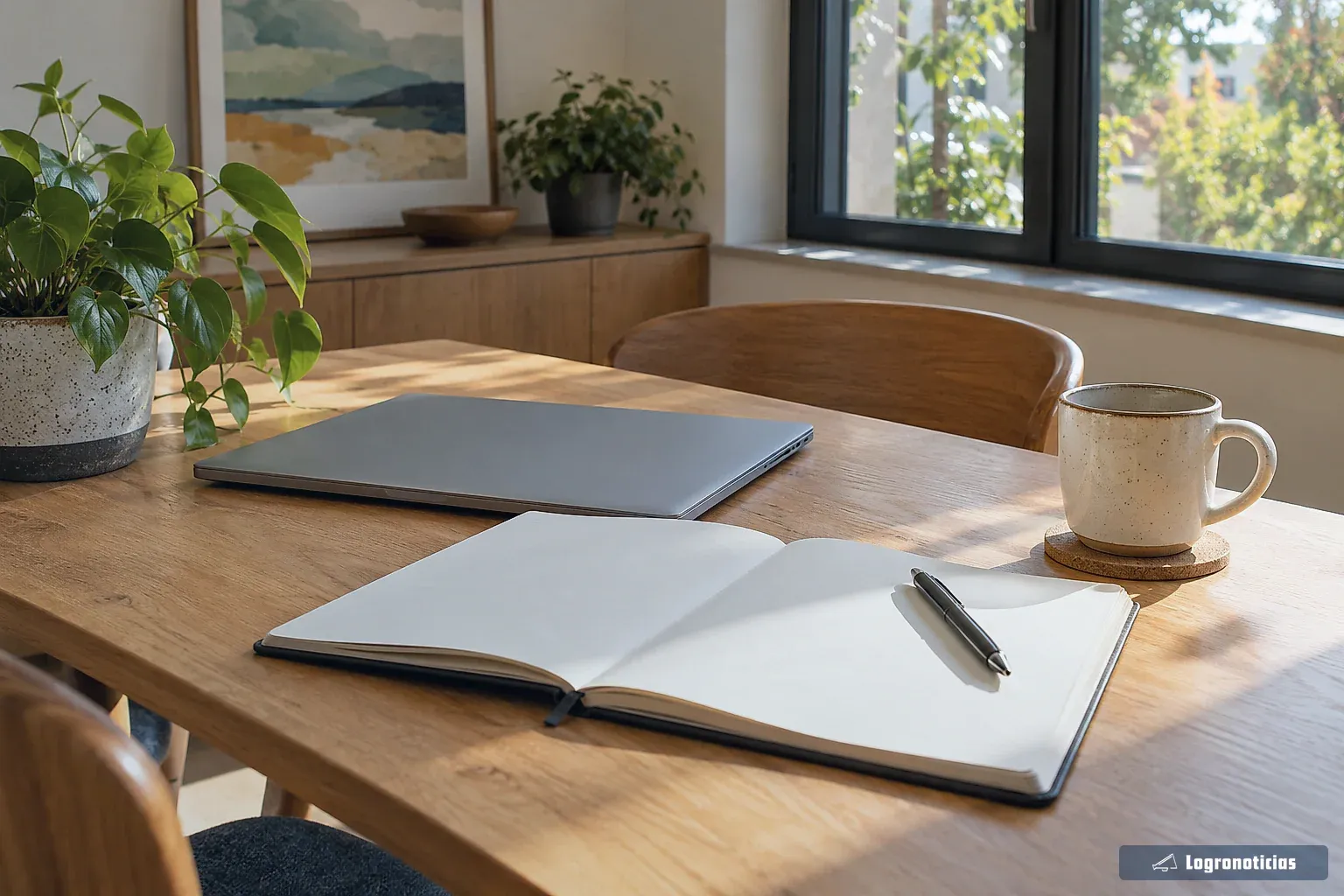 Mesa de trabajo con cuaderno abierto, bolígrafo y una taza