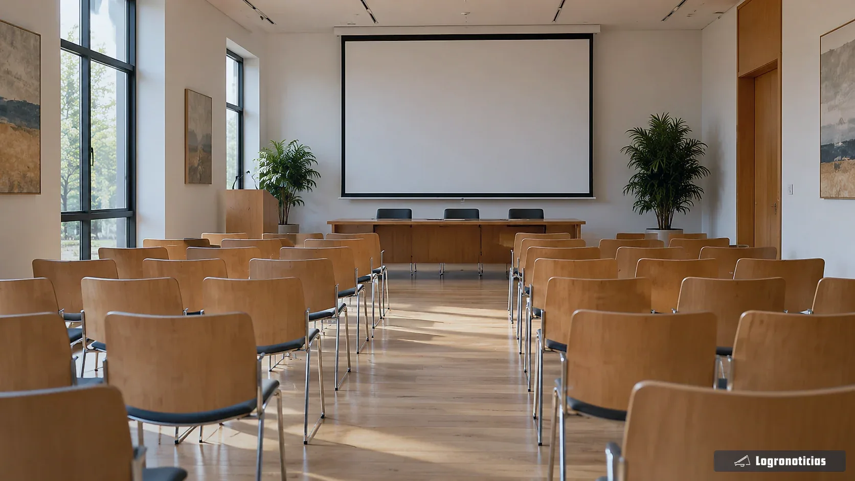 Sala de conferencias vacía con pantalla de proyección en blanco