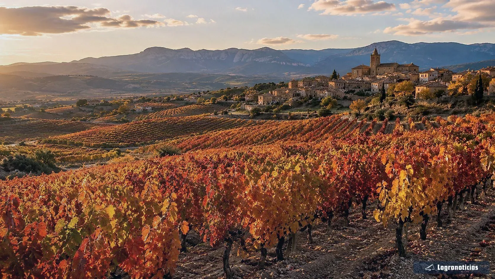 Viñedos con hojas rojas y amarillas en otoño y un pueblo al fondo