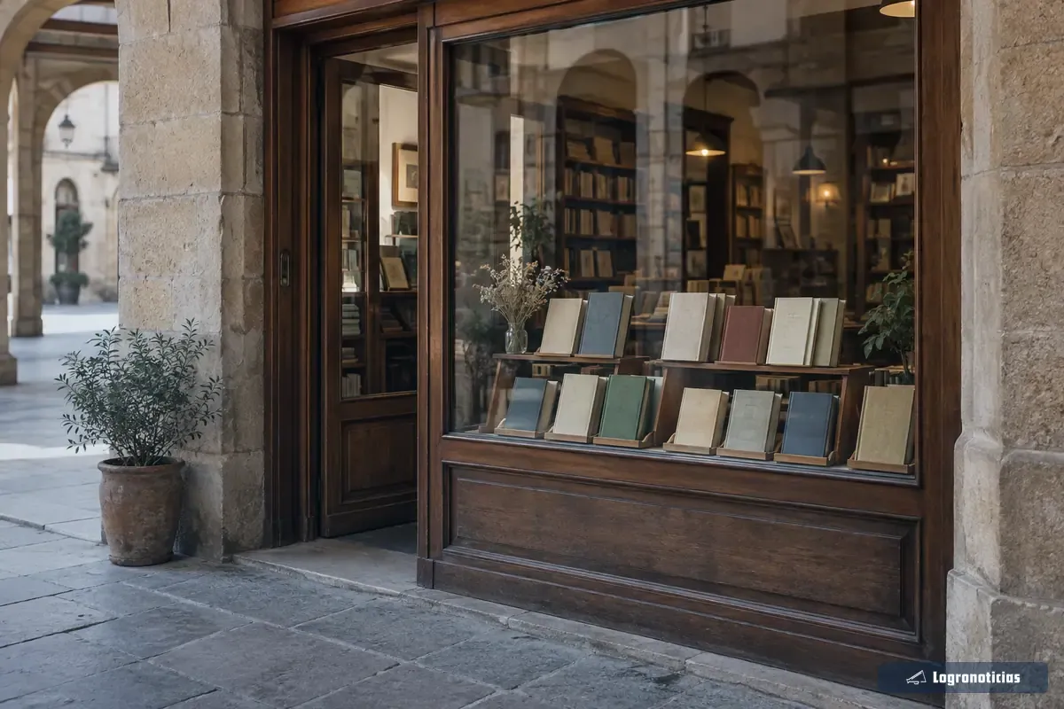 Escaparate de una librería bajo los soportales de piedra del casco antiguo