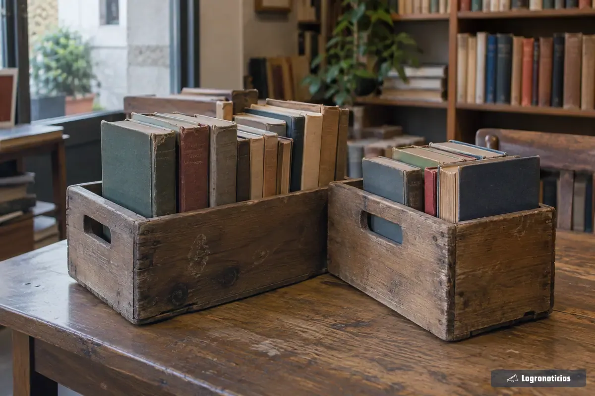 Cajas de libros de segunda mano con los lomos gastados en una librería de viejo