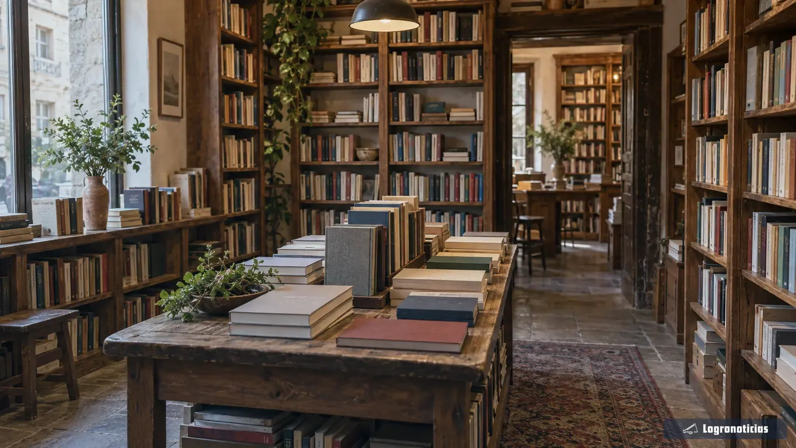 Estanterías de madera y mesa de libros en una librería acogedora