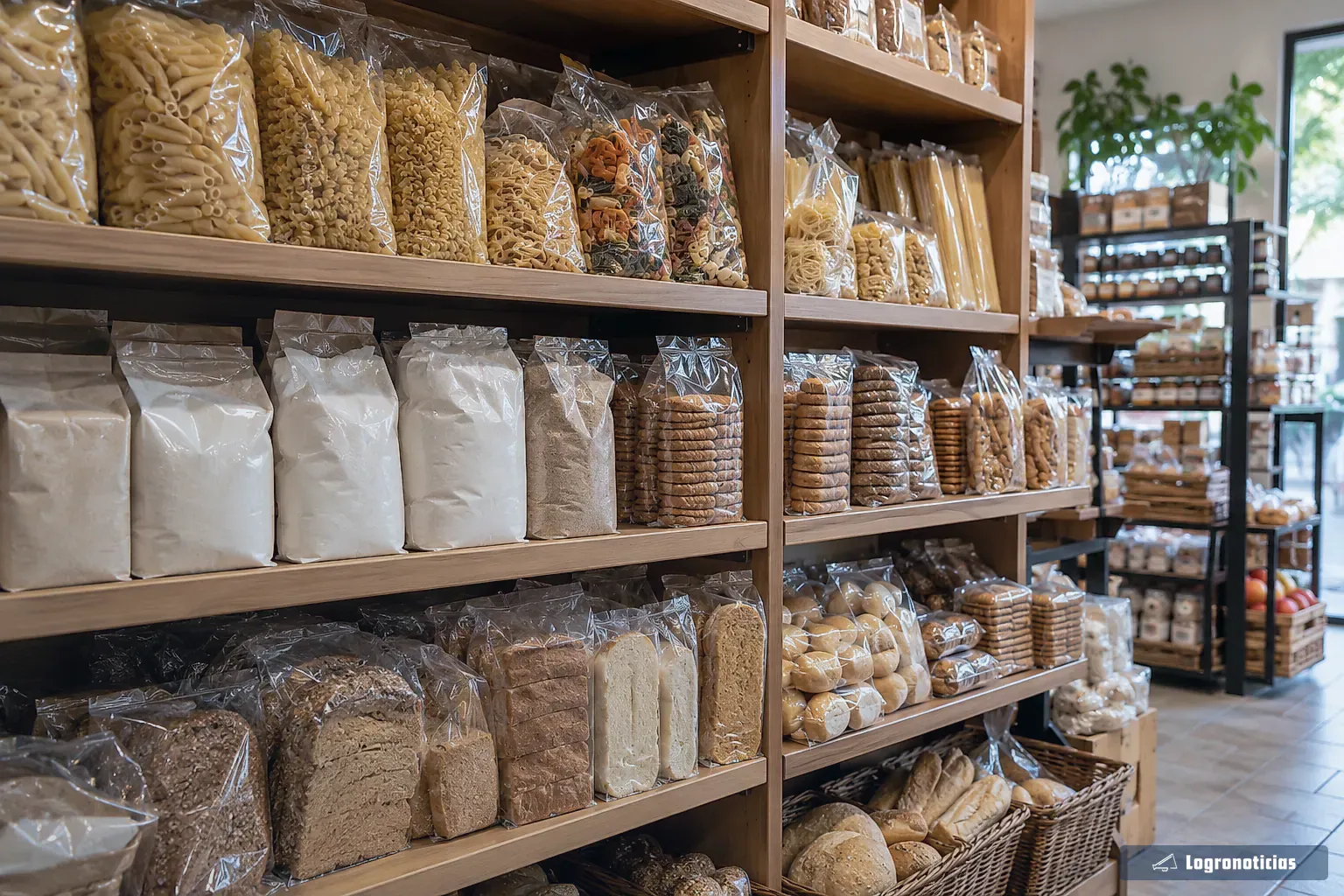 Estantería de una tienda de alimentación con productos envasados