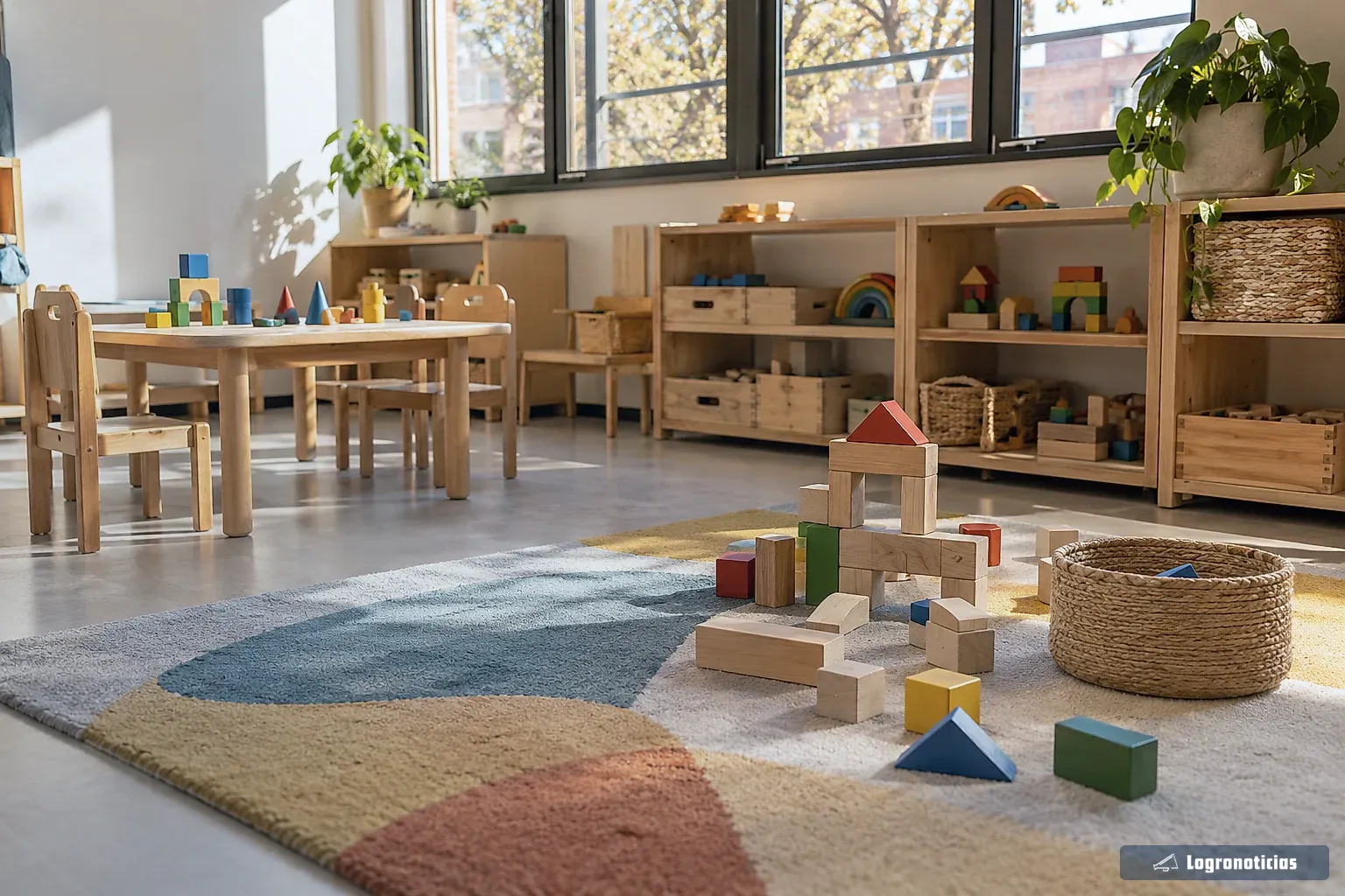 Sala de una ludoteca con juegos de mesa y construcciones preparada para los niños