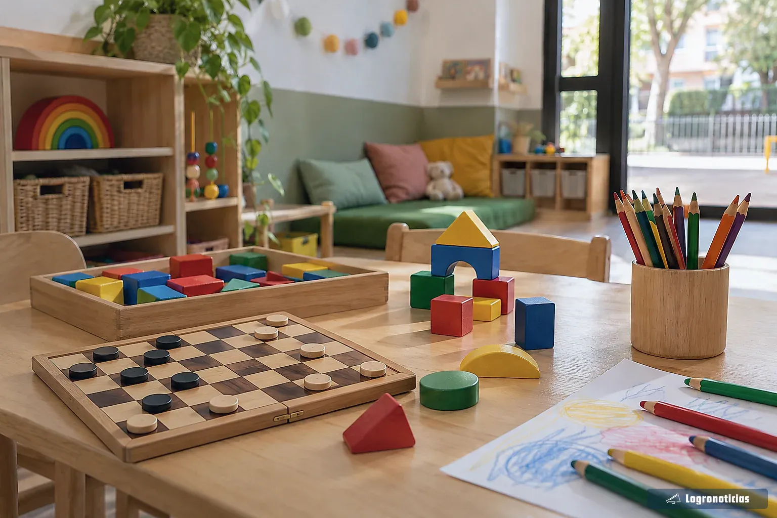 Mesa con juegos de mesa, piezas de construcción y lápices de colores en una sala infantil