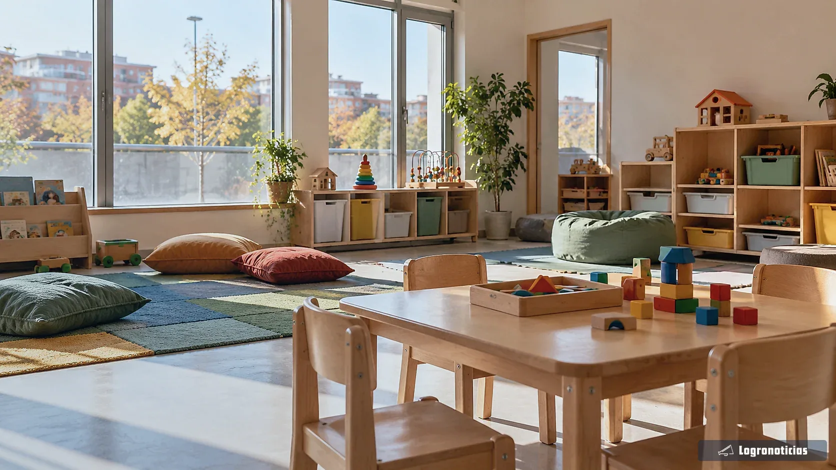 Sala de ludoteca vacía con juegos, alfombra y cojines