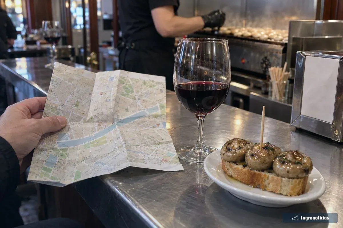 Plano de papel junto a una copa de vino y un pincho en la barra