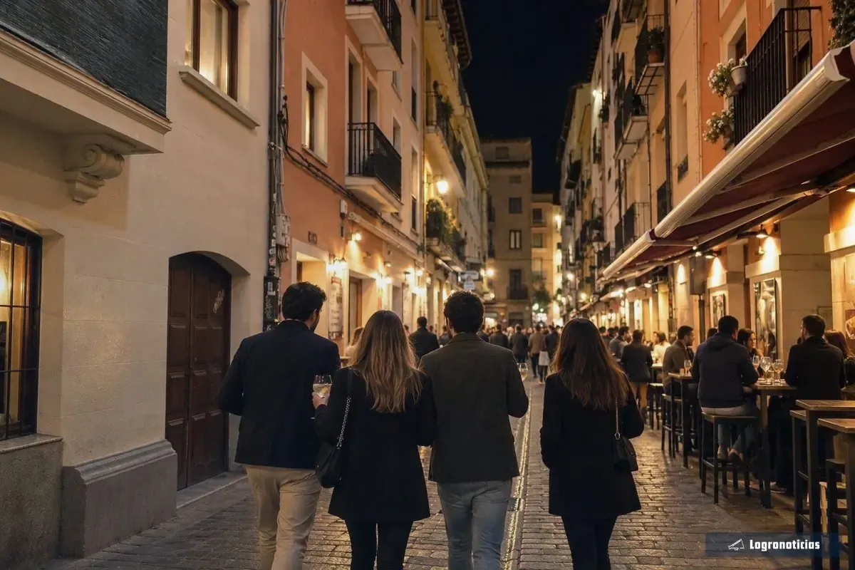 Grupo de amigos pasando de un bar a otro por una calle peatonal de noche
