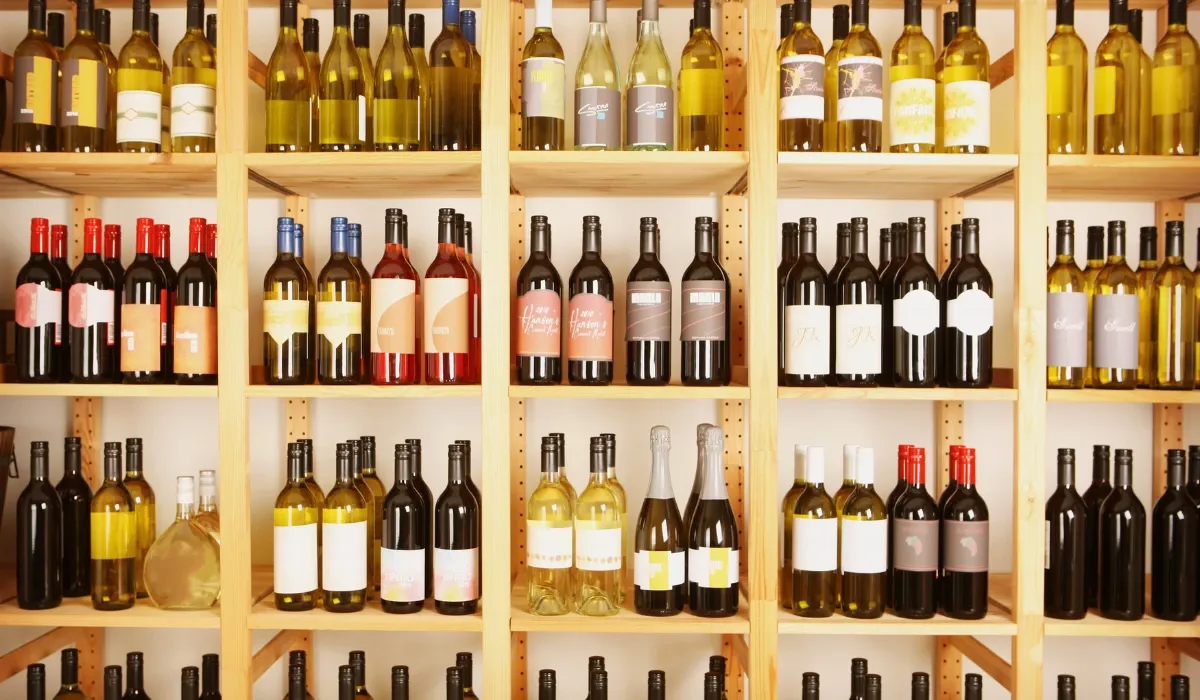 Estanterías de madera con botellas de vino tinto, blanco y rosado