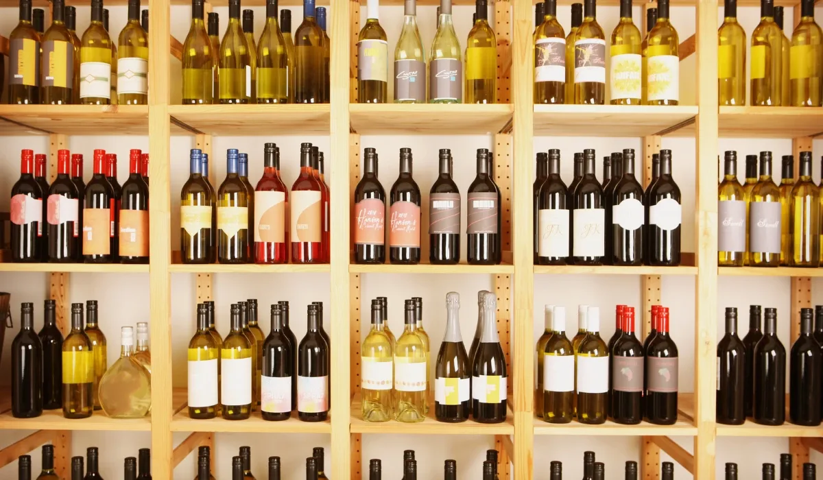 Estanterías de madera con botellas de vino tinto, blanco y rosado