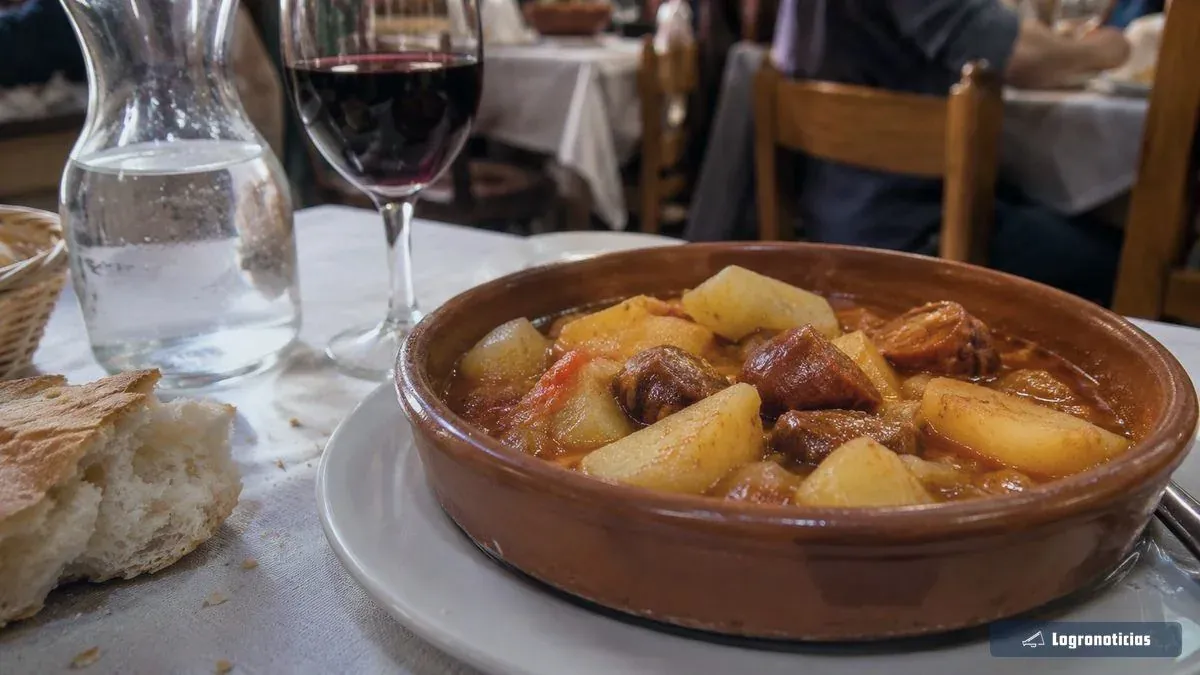 Plato de patatas a la riojana con pan, agua y vino en un comedor