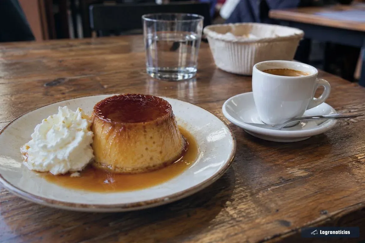 Flan casero con nata y café sobre una mesa de madera