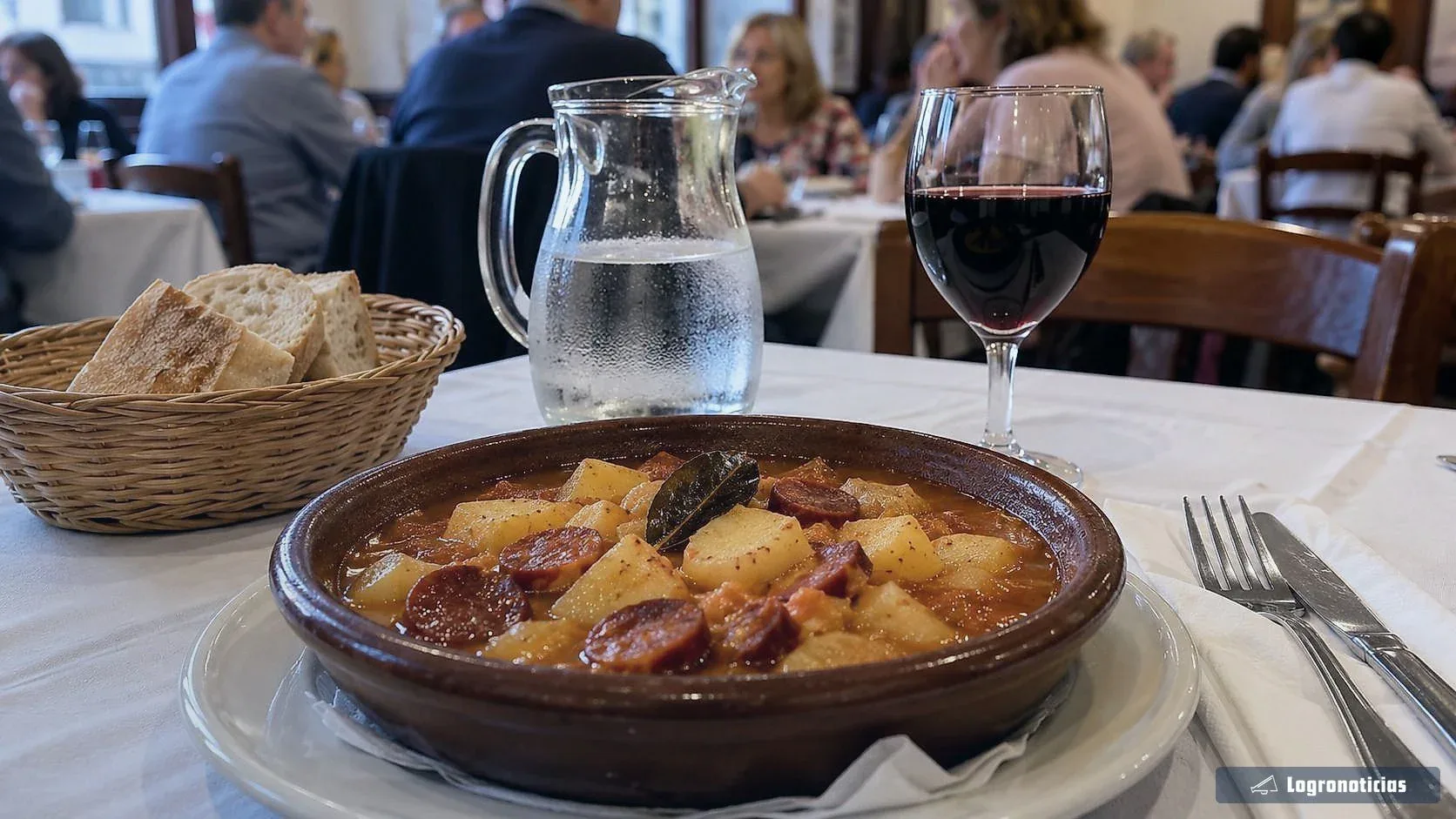 Plato de patatas a la riojana con pan, agua y vino en un comedor