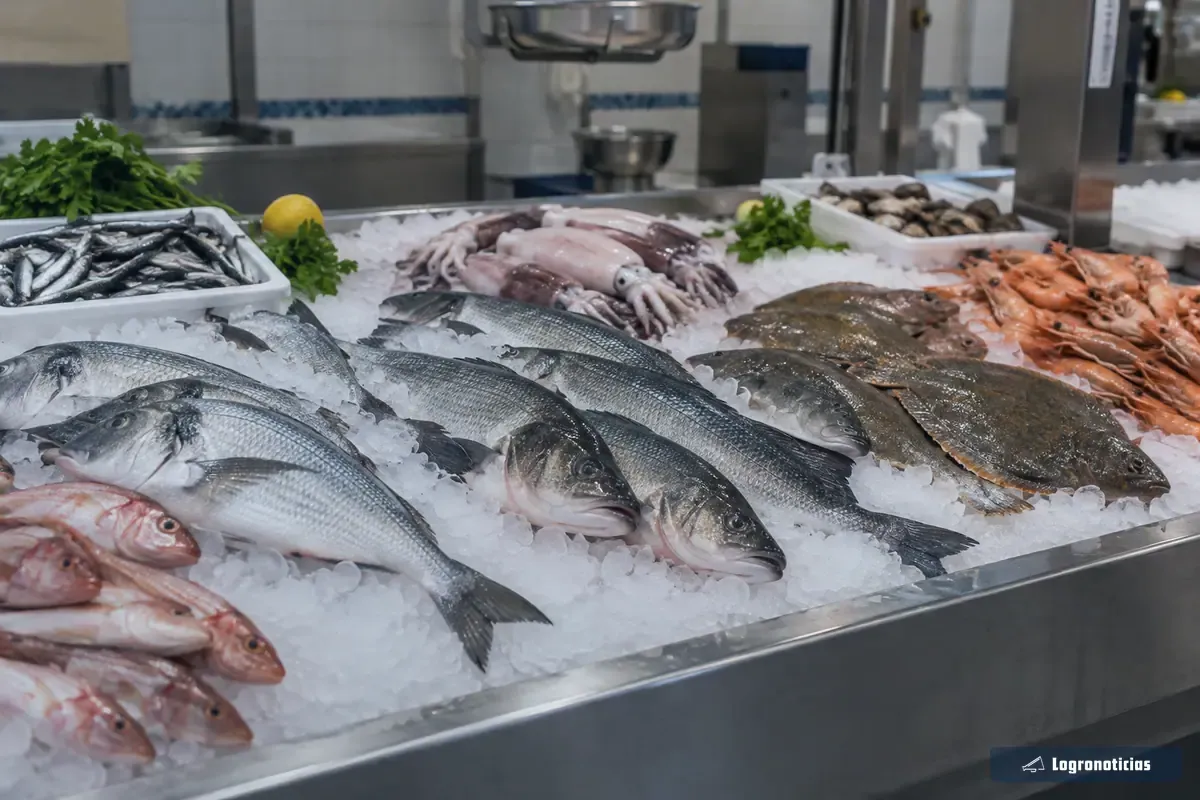 Mostrador de una pescadería de mercado con pescado fresco sobre hielo