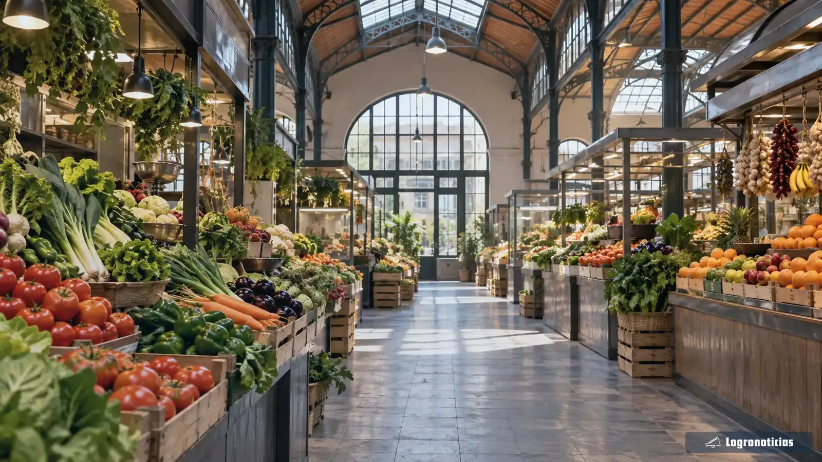 Puestos de frutas y verduras bajo una cubierta de hierro