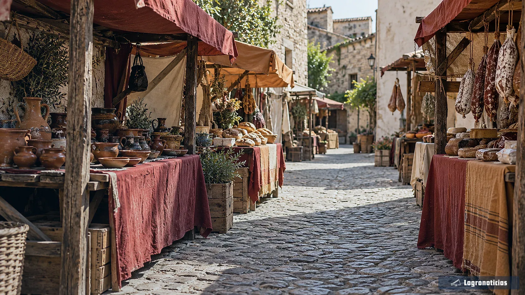 Puestos de cerámica y alimentos en una calle empedrada vacía