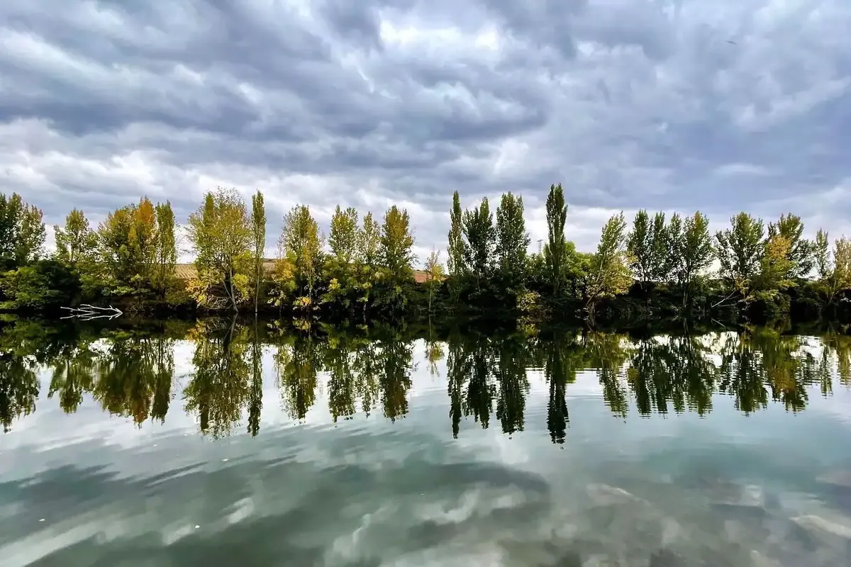 Chopos y nubes reflejados en el agua de una ribera en Briñas