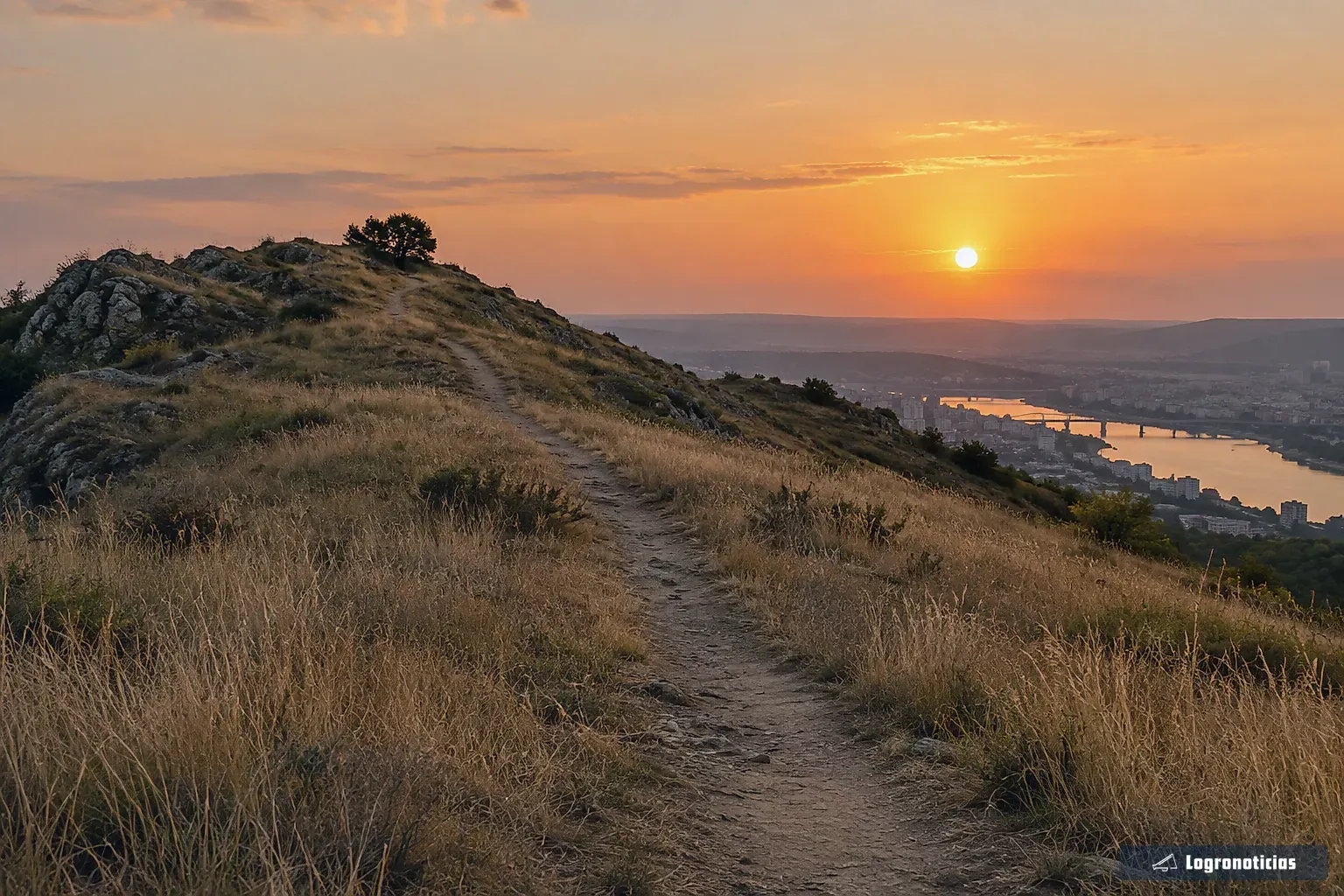 Colina de hierba seca con un sendero de tierra al atardecer