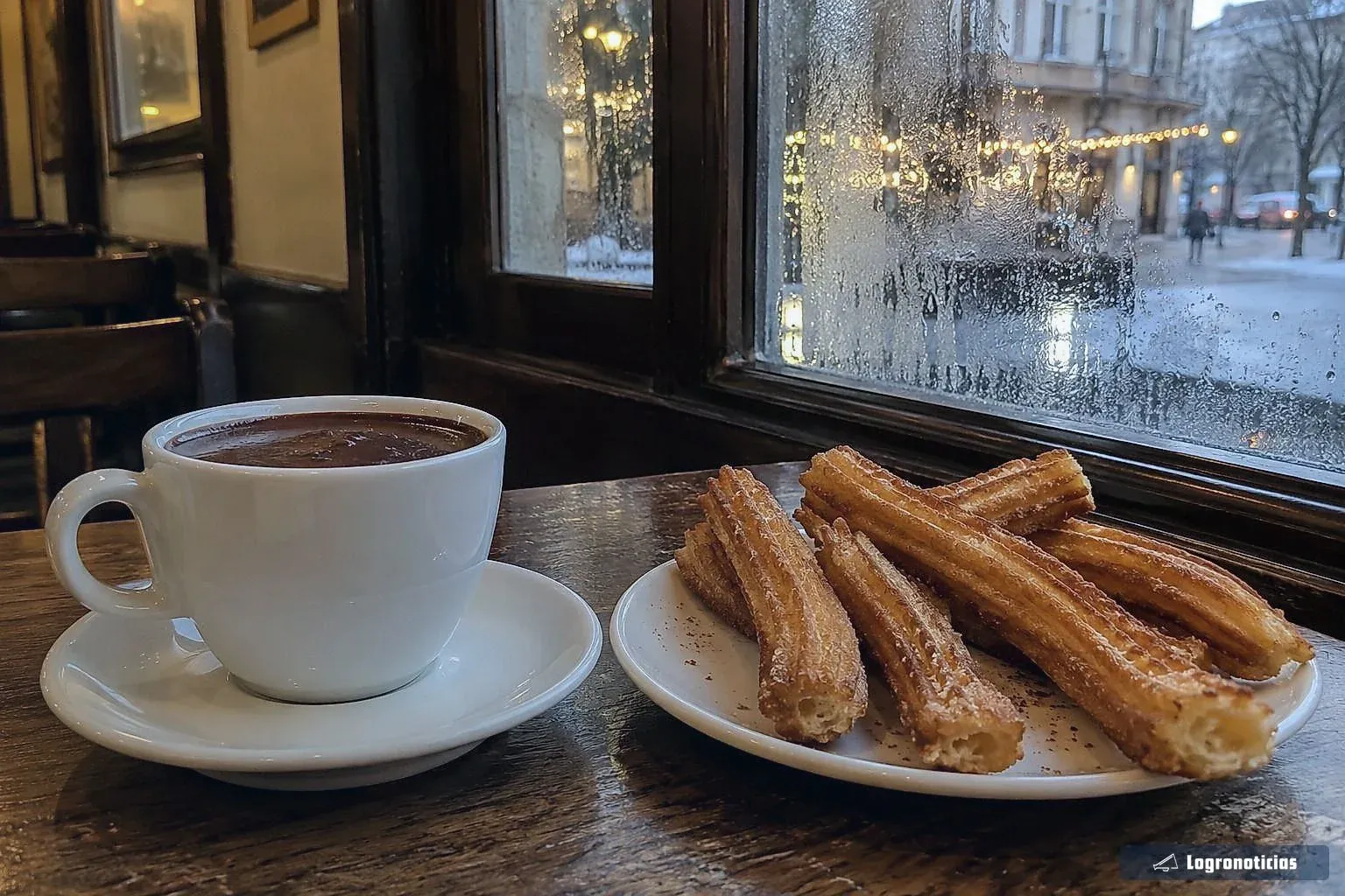 Taza de chocolate caliente y churros junto a una ventana empañada