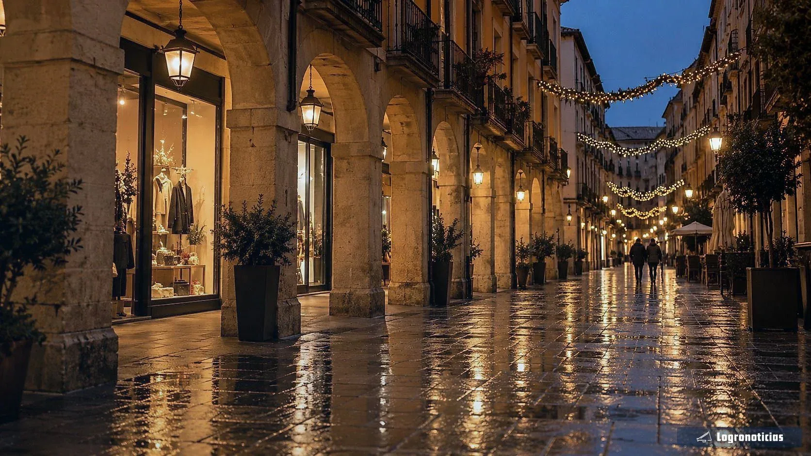 Calle con soportales y guirnaldas de luces de Navidad al anochecer, con el suelo mojado