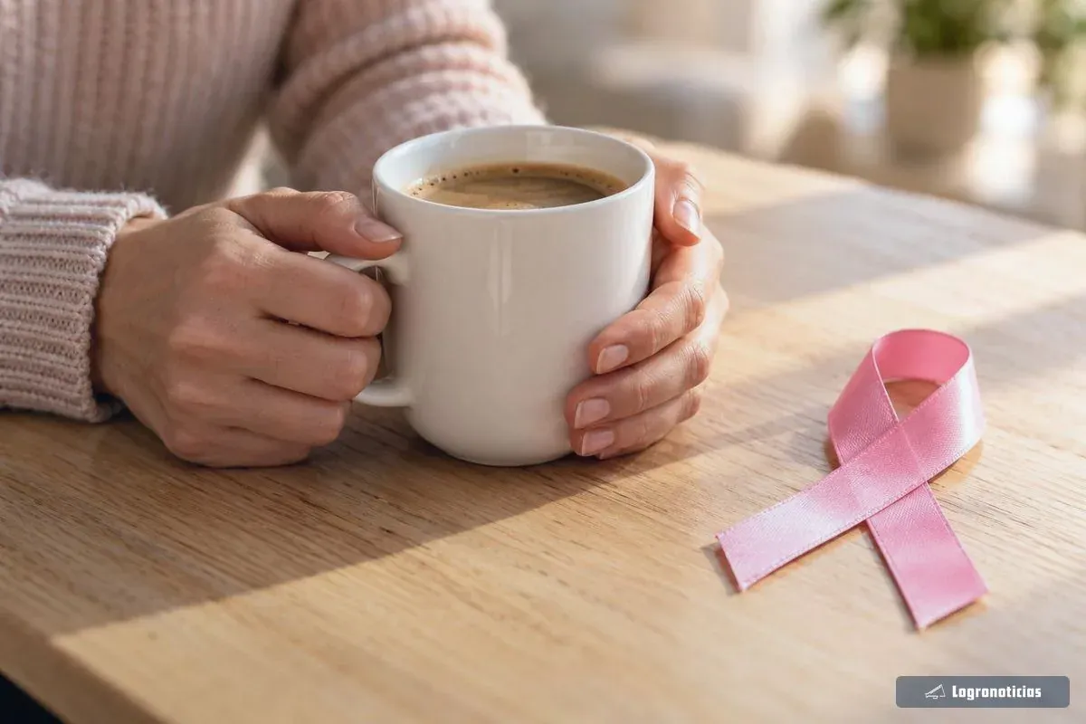 Manos sujetando una taza de café junto a un lazo rosa sobre la mesa