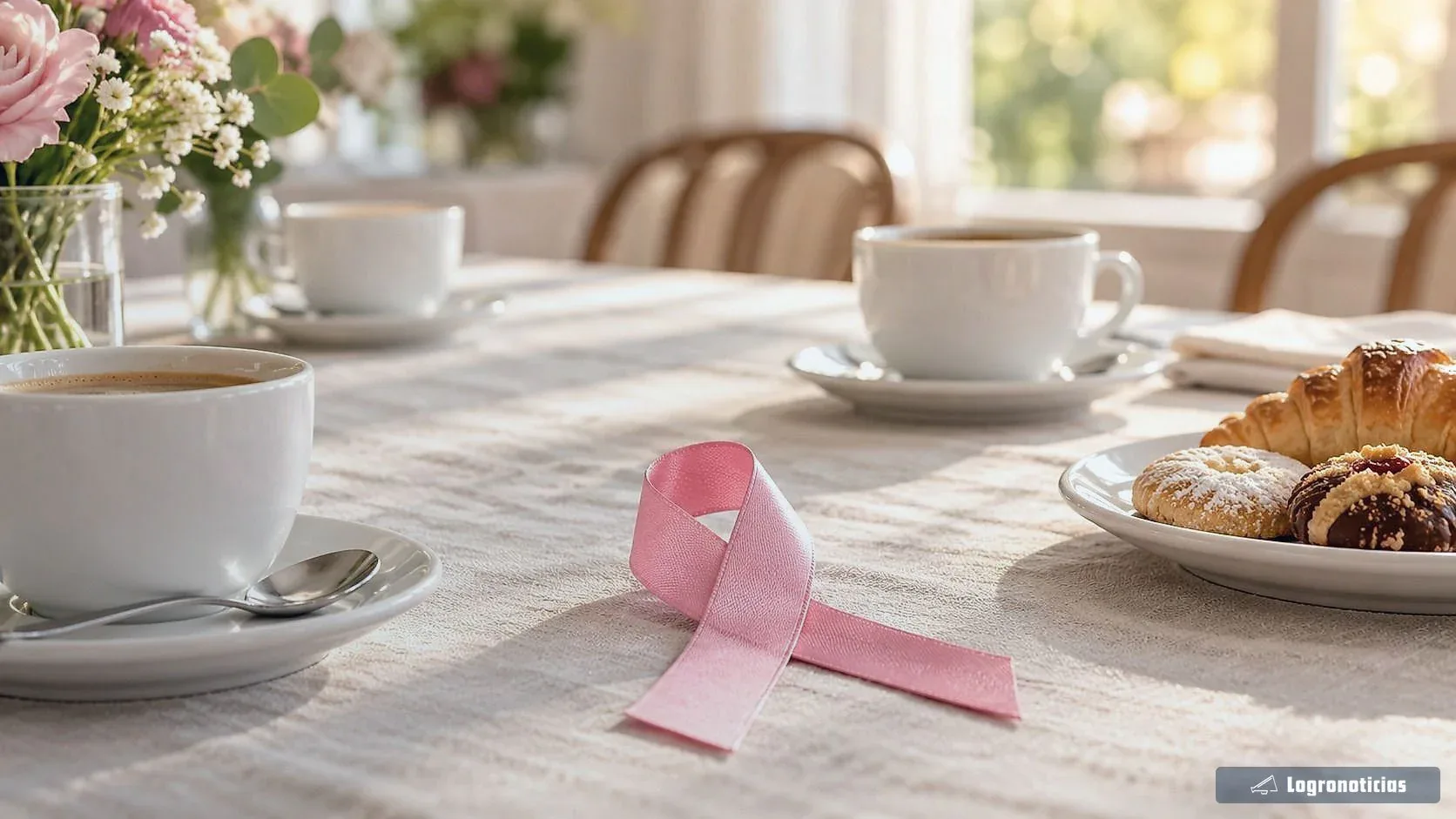Lazo rosa sobre un mantel junto a café y pastas