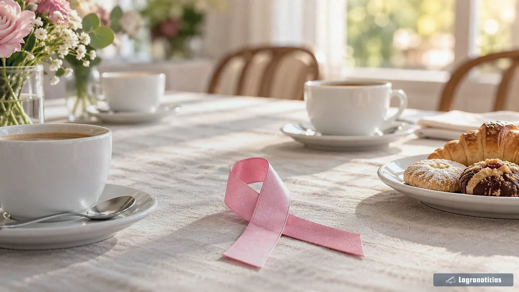Lazo rosa sobre un mantel junto a café y pastas