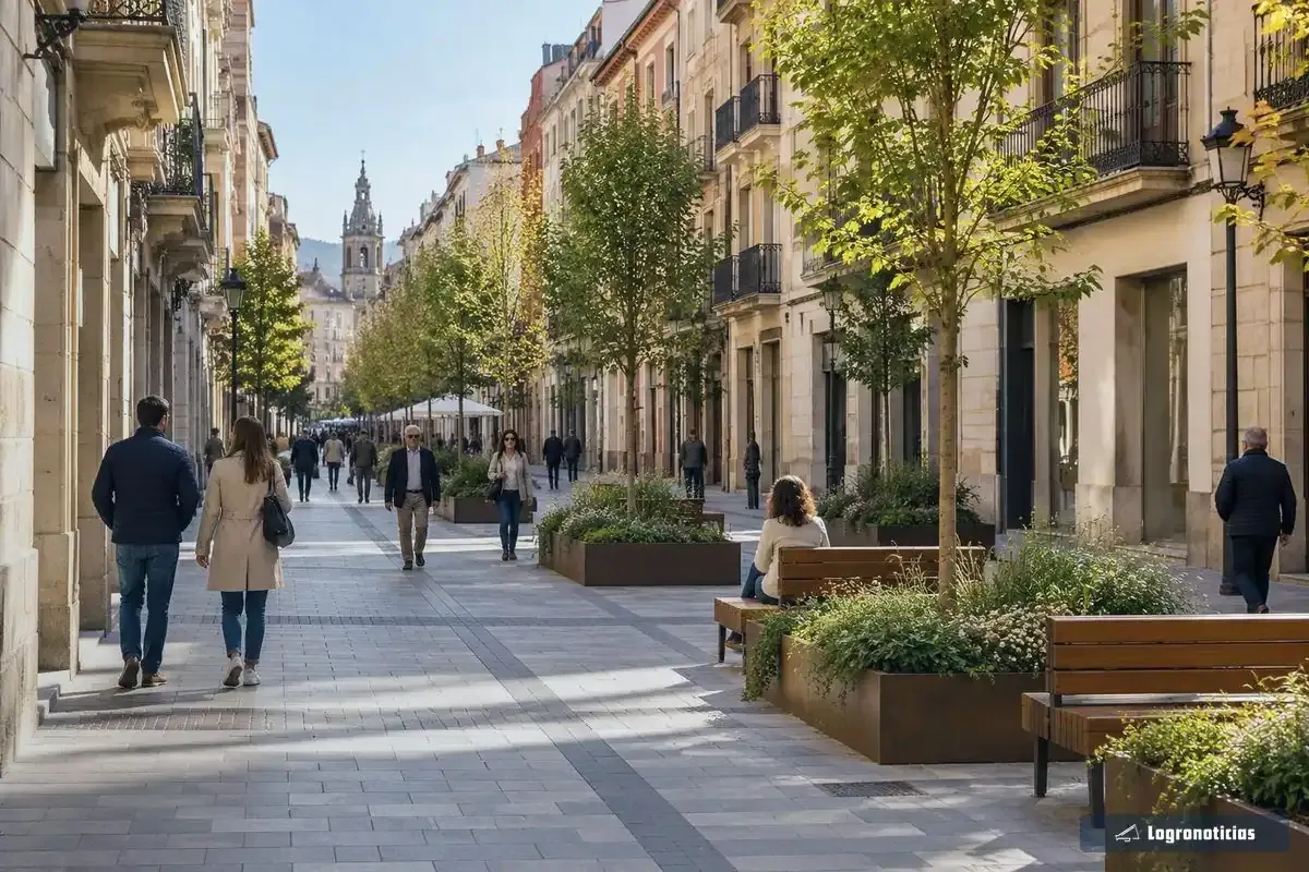Calle peatonal con pavimento nuevo y jardineras