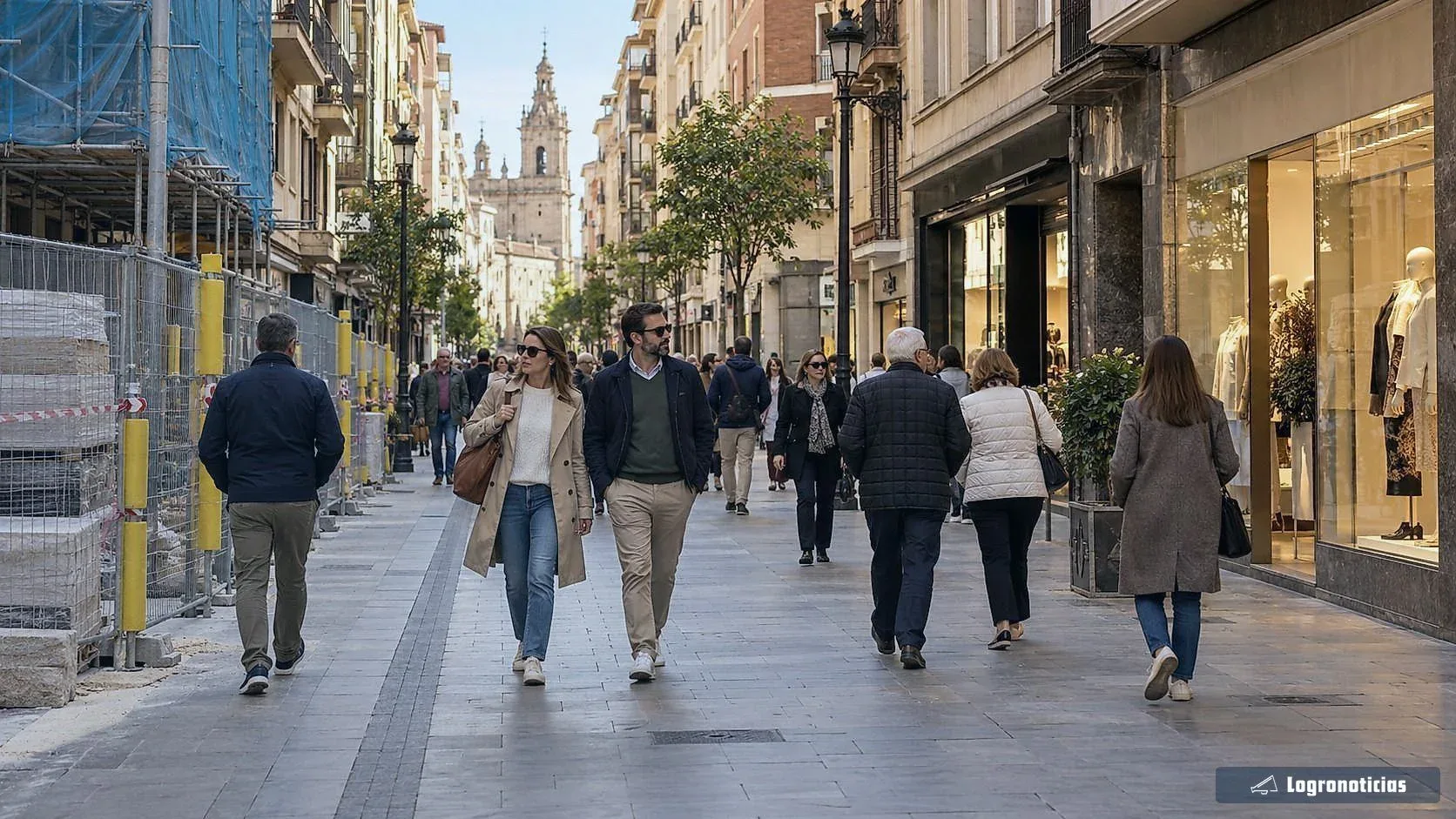 Peatones junto a vallas de obra y comercios abiertos en una calle