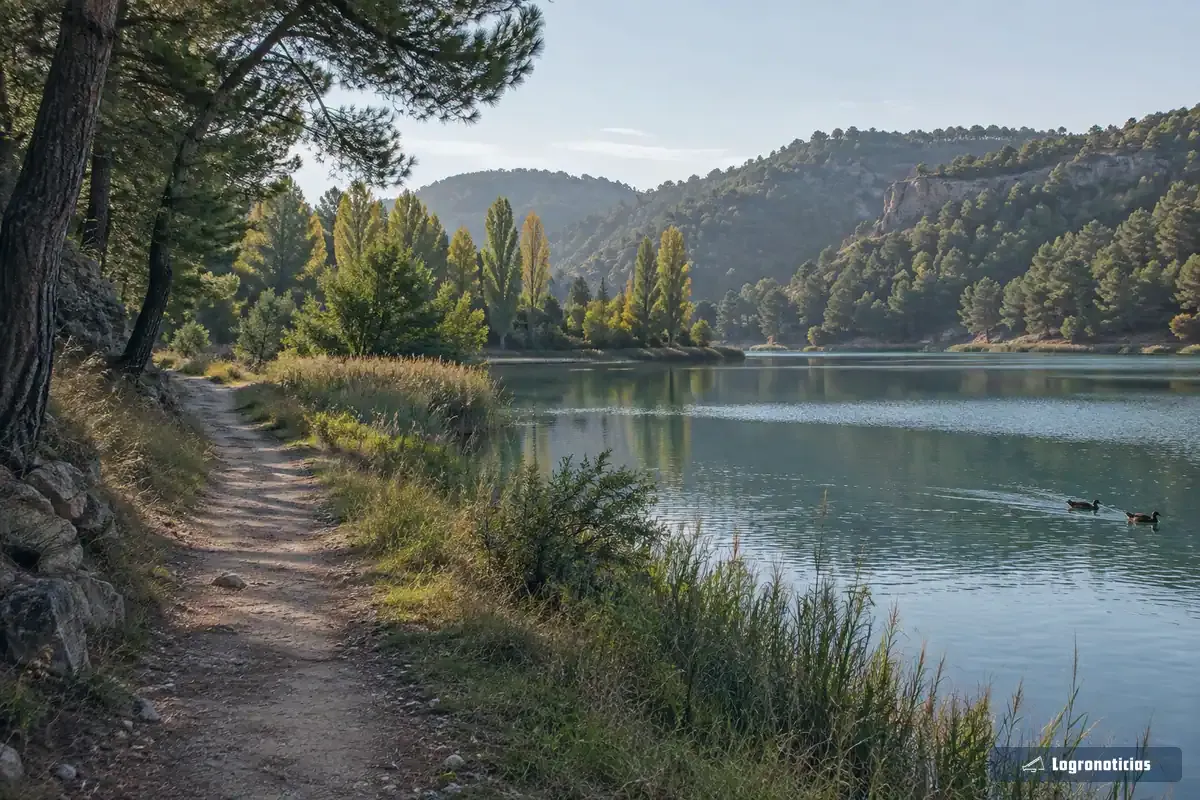 Senda de tierra que bordea un embalse tranquilo rodeado de pinos y carrizos