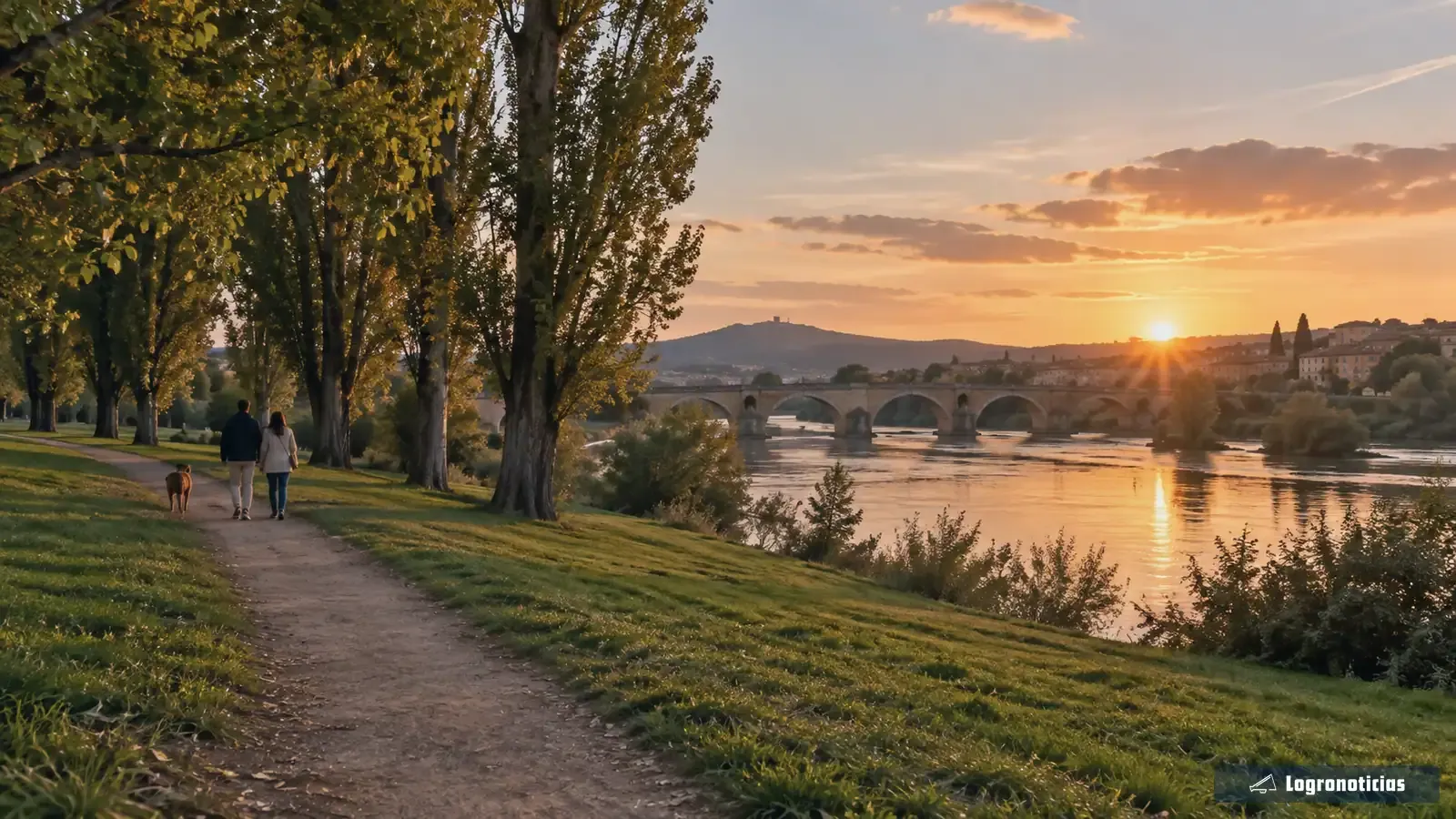 Paseantes de espaldas junto al río y un puente