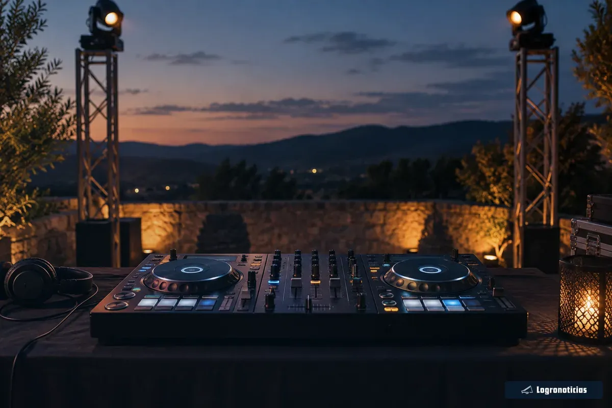 Mesa de DJ con la controladora iluminada durante una sesión al aire libre